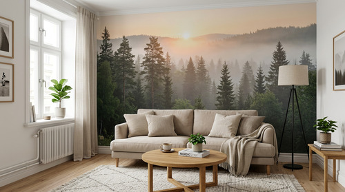 Гостиная с панорамой леса на стене от типографии Salamandra