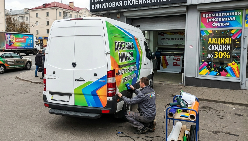 Доставочный фургон с полноцветной графикой в процессе профессиональной оклейки