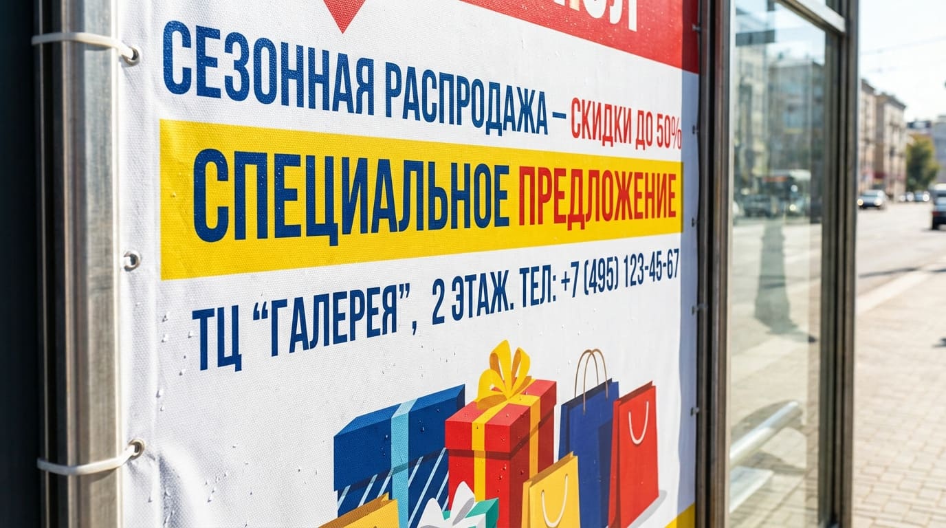 Детальное изображение профессионально напечатанного баннера с рекламным контентом