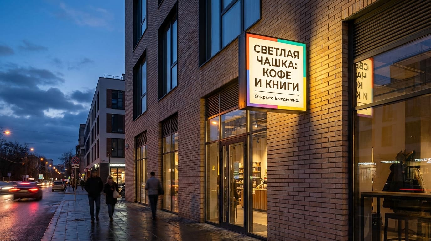 Яркий подсвеченный лайтбокс на фасаде магазина или кафе с LED-подсветкой