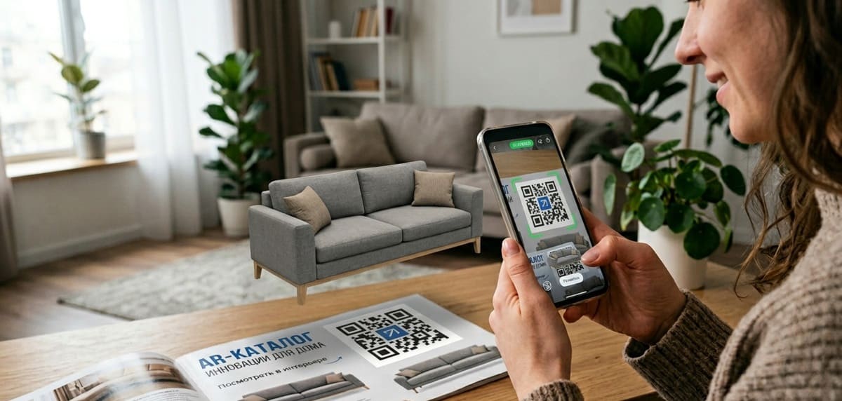 Человек сканирует AR-метку в каталоге мебели