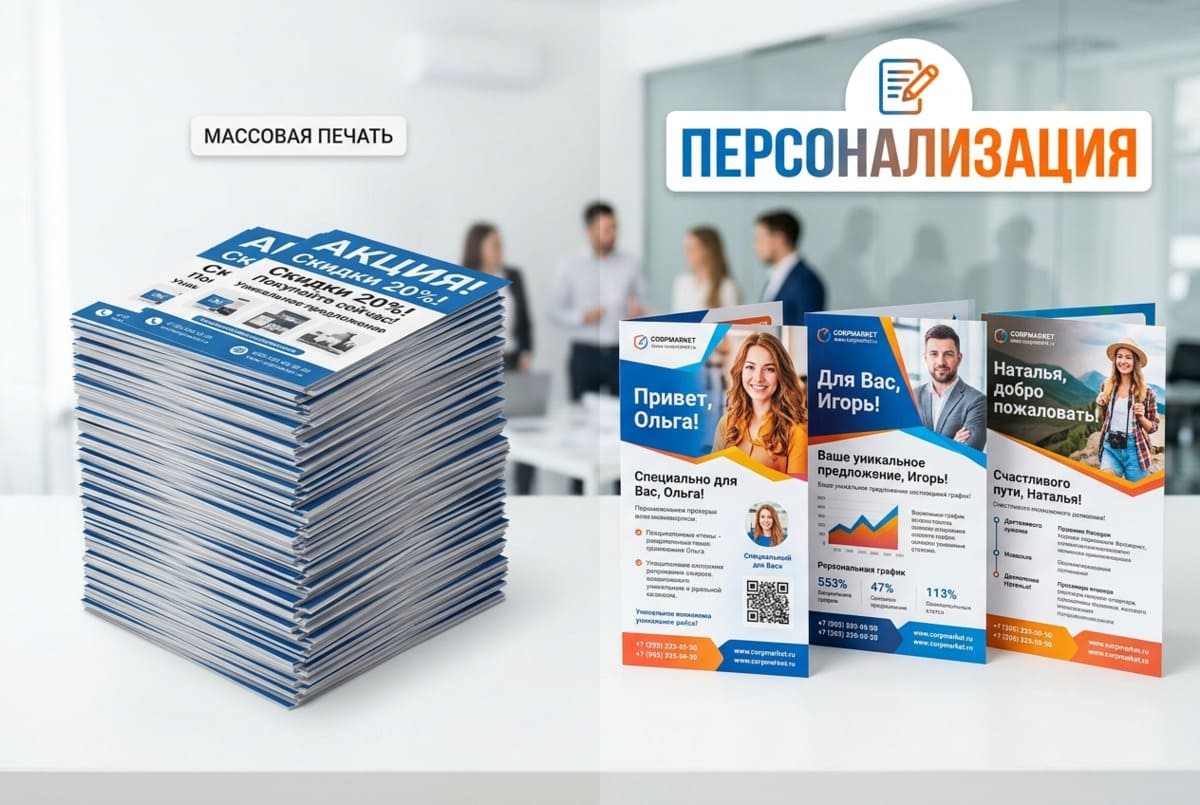 Визуальное сравнение обычных одинаковых листовок и персонализированных материалов