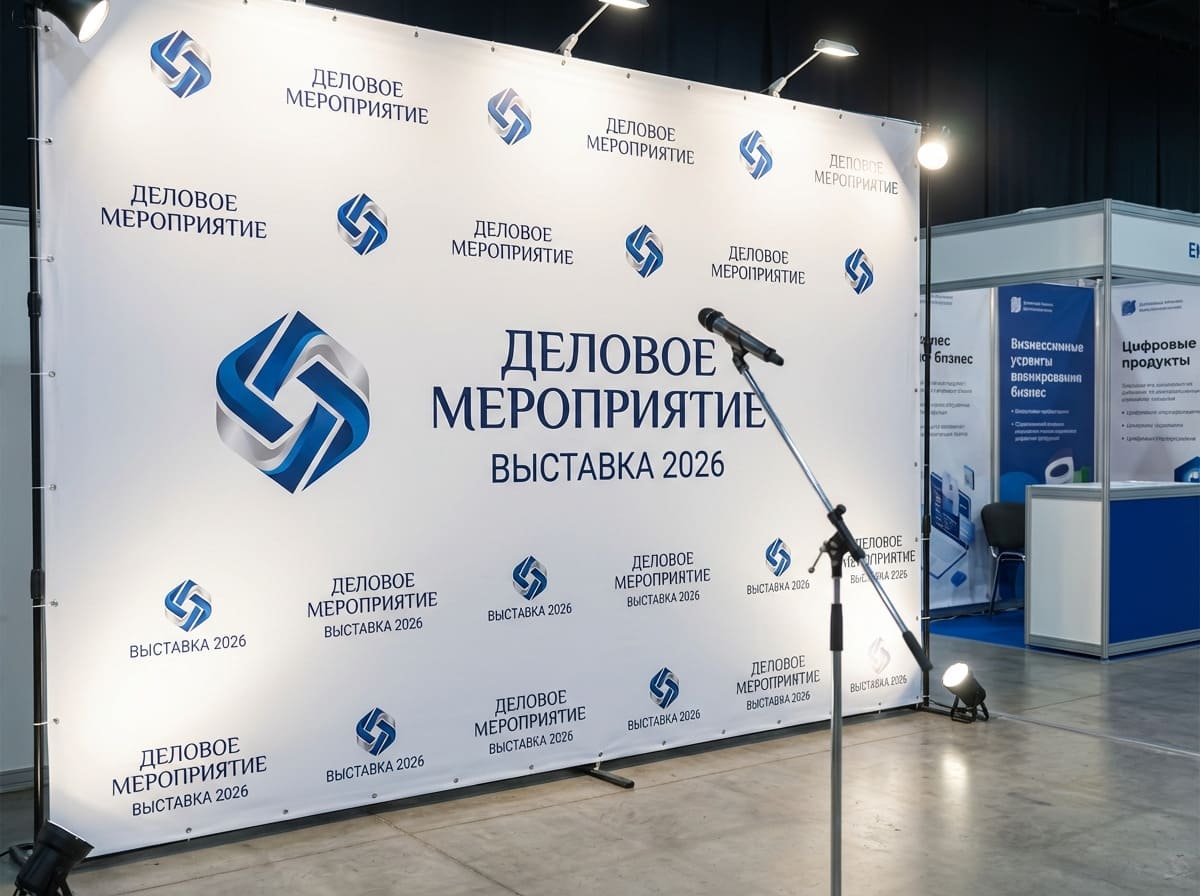 Крупный план фотозоны с брендированной стеной